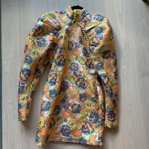 Rotate Birger Christensen Puffy Long Sleeve Jacquard Metallic Multi-color Dress